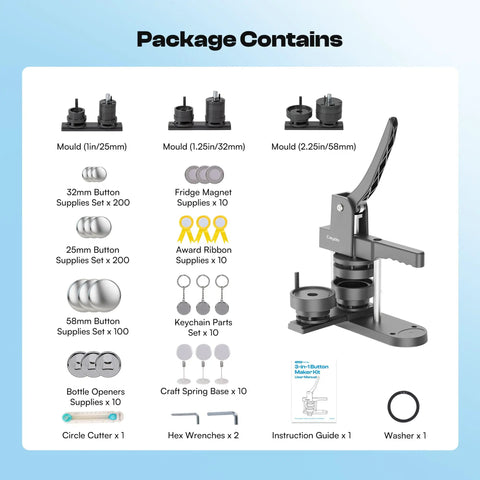 Package contents of 3 In 1 Button Maker Kit With 1 In, 1.25 In, And 2.25 In Molds For DIY Pin Badges, Keychains, And Fridge Magnets