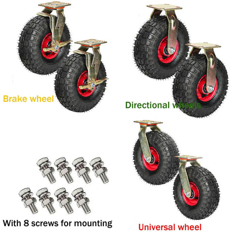 Heavy Duty Replacement Rubber Casters Two Pack Featuring Inflatable Tubeless Tires For Shock Absorbing Swivel Action and Built Like a Tank Industrial Floor Rolling Performance That Handles The Daily Grind with brake, directional, and universal wheels.