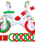 Unicorn Inflatable Pool Ring Toss Set With Six Rings Two Bean Bags And Pump Two In One Floating Pool Fun Game For Adults And Family Summer Hawaii Beach Backyard Parties; features unicorn design with multicolor rings.