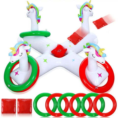 Unicorn Inflatable Pool Ring Toss Set With Six Rings Two Bean Bags And Pump Two In One Floating Pool Fun Game For Adults And Family Summer Hawaii Beach Backyard Parties; features unicorn design with multicolor rings.