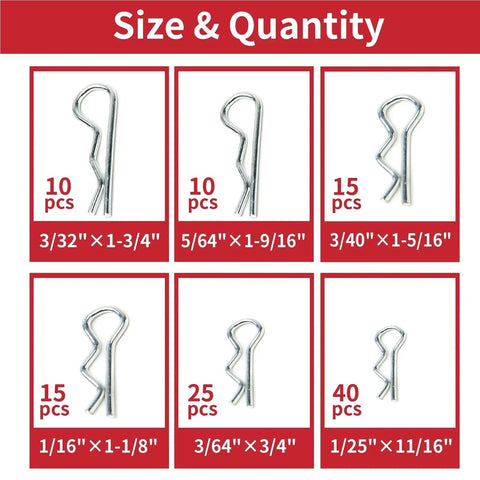 R Shaped Cotter Pin Assortment Kit With 6 Sizes And 230 345 460 Pieces, different sizes and quantities displayed