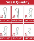 R Shaped Cotter Pin Assortment Kit 230 345 460 Piece Sets 6 Sizes 3 Set Pack for Quick Easy Secure Fastening and Hassle Free Installation Ideal for Garage Projects Automotive Diy and Machinery Repairs, size chart with 6 silver pins