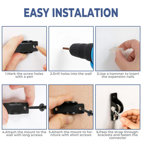 Step-by-step installation guide for Heavy Duty Anti Tip Furniture Safety Straps For Baby Proofing And Wall Mirror Mounts.