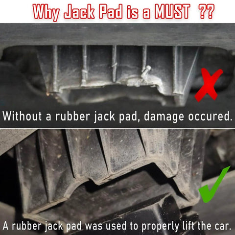 Comparison of car lifting without and with a rubber jack pad, highlighting the importance of Dual Use Lifting Axle Saddle Adapter Pads.