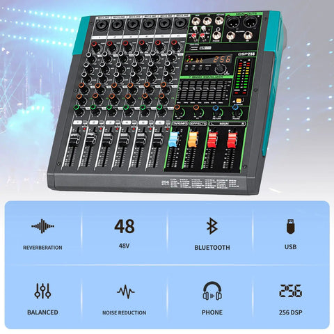 6-Channel DJ Mixer With DSP Effects, 48V Phantom Power, USB And Bluetooth, MP3 Playback And Computer Recording, Built In Audio Interface