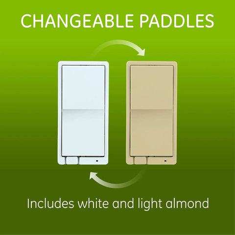 Z Wave Smart Rocker Light Dimmer Kit With QuickFit And SimpleWire 3 Way Works With Alexa And Google Assistant Z Wave Hub Required Repeater And Range Extender White And Light Almond 2 Pack showing changeable paddles