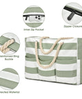 Ultra Large Canvas Beach Tote For Women, zippered, green stripes, rope handles, inner zip pocket, reinforced buckle, seven pockets
