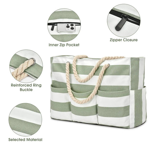 Ultra Large Canvas Beach Tote For Women, zippered, green stripes, rope handles, inner zip pocket, reinforced buckle, seven pockets