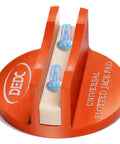 Front view of DEDC universal aluminum grooved magnetic jack pad; orange round base with dual rails