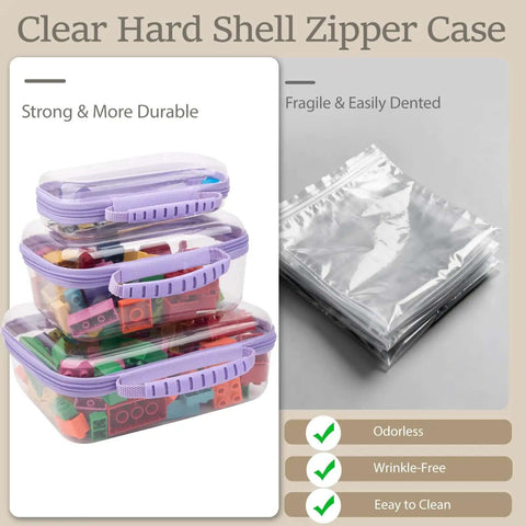 Chill About Packing With These Big Time Clear Hard Shell Zipper Storage Cases Featuring Deep Capacity Organizer Pouches. Set of three cases with colorful contents.