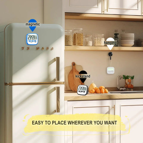 Kitchen showcasing 2-Pack Magnetic Kitchen Timers Digital Countdown Stopwatch For Cooking Classroom Office Gym And Kids Activities With Magnetic Backing Battery Included Grab And Go 24 Hour Timer Easy To Use on fridge, wall, and counter.