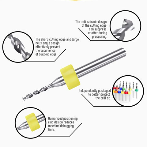 Close-up view of 10 Pcs PCB Drill Bit Set with One Eighth Inch Shank Micro Twist Carbide Bits 1.1mm to 2.0mm for engraving.