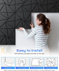 Woman installing Twelve Pack Straight Up Soundproof Foam Panels For Walls Self Adhesive High Density Acoustic Treatments To Smooth Out Room Reverb And Kill Echo In Home Studios Black.