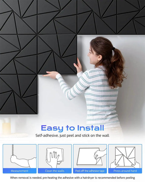 Woman installing Twelve Pack Straight Up Soundproof Foam Panels For Walls Self Adhesive High Density Acoustic Treatments To Smooth Out Room Reverb And Kill Echo In Home Studios Black.