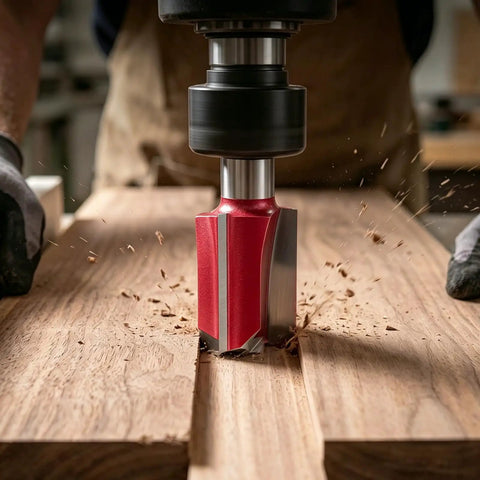 Heavy Duty Straight Router Bit Featuring Heat Treated Tungsten Carbide Blades cutting through hardwood with shavings flying.