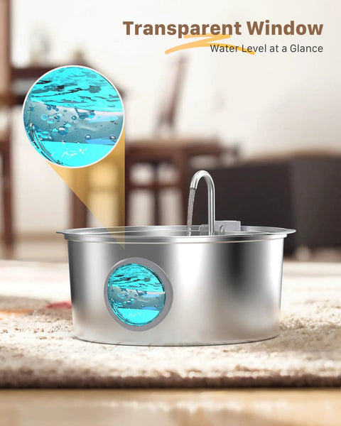 7L Large Breed Pet Water Fountain Stainless Steel Quiet Indoor Dog Waterer for Large Dogs and Cats, transparent window feature.
