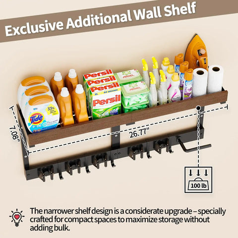 Space Saving Wall Mount Broom Holder With Cleaning Supplies Organizer, Mop Rack, Vacuum Organizer And Shelf with cleaning products