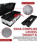 OSHA Compliant Lockout Tagout Kit With Clamp On Circuit Breaker Locks Hasps Safety Padlocks Universal Multi Pole Breaker Locks Lockout Tags And Nylon Ties In Pro Grade Portable Stainless Steel Box, showing open box with components