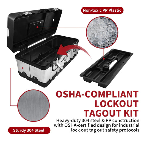 OSHA Compliant Lockout Tagout Kit With Clamp On Circuit Breaker Locks Hasps Safety Padlocks Universal Multi Pole Breaker Locks Lockout Tags And Nylon Ties In Pro Grade Portable Stainless Steel Box, showing open box with components