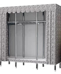 Heavy Duty Portable Canvas Wardrobe With Spacious Hanging Rail And Sturdy Shelves For Roomy Bedroom Closet Storage Organizer With Zero Drama Fabric Cover Setup, gray decorative fabric, chrome frame.
