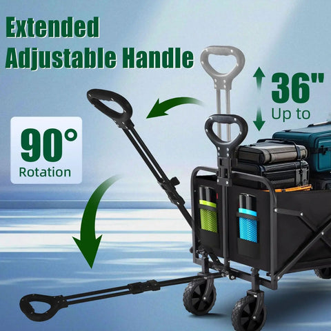 Foldable Wagon Cart With Tailgate And Roof, 240L Large Capacity, adjustable handle and 90-degree rotation feature visible