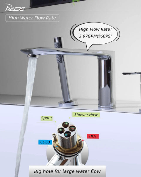 Bathtub Filler With Handheld Shower And Waterfall Spout, 3 Hole Widespread Deck Mounted Roman Tub Faucet Set In Chrome