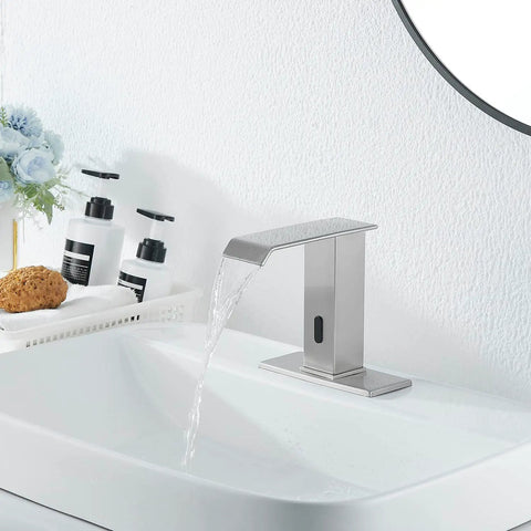 Brushed Nickel Automatic Sensor Touchless Bathroom Sink Faucet With Drain Assembly Vanity Waterfall Hands Free Tap in use