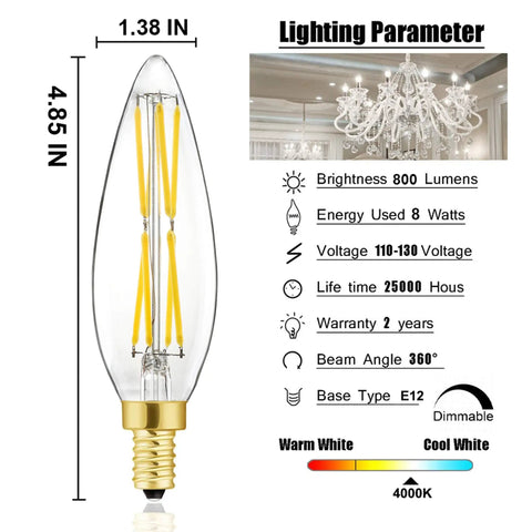 8W Dimmable LED Candelabra Bulb With 800LM 4000K Daylight White E12 Base 100W Equivalent Vintage Filament B10 Candle Style