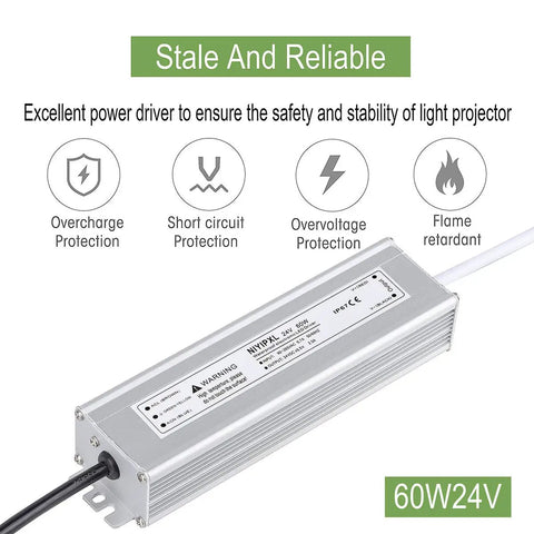 Heavy Duty 60W 24V DC Waterproof LED Driver Power Supply IP67, Plug-and-Play 3-Prong Plug, Stale and Reliable Design