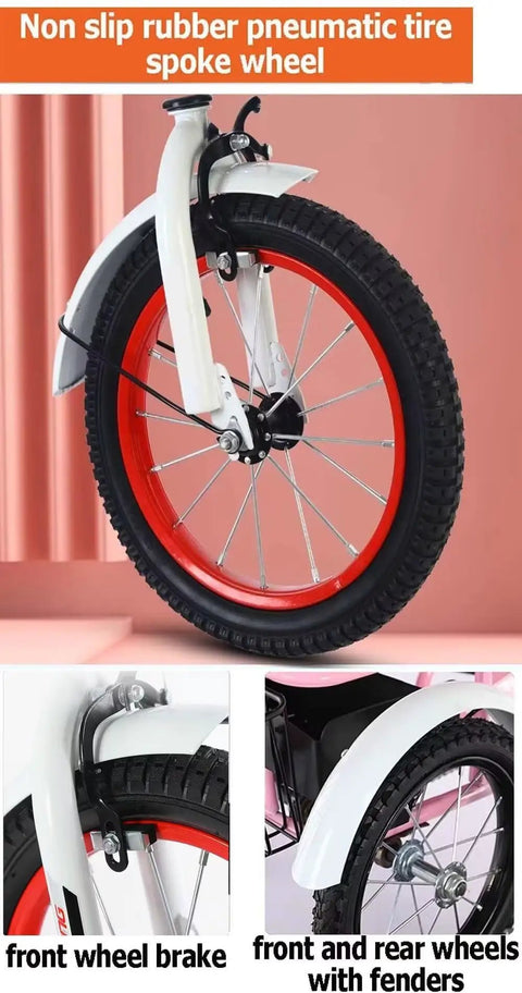 Close-up of a red Kids Pedal Tricycle For Ages 3 To 10 with non-slip pneumatic tire, spoke wheel, and hand brake.