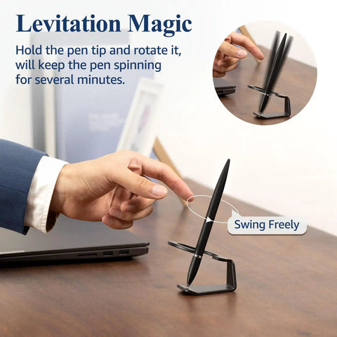 Person demonstrating Magnetic Levitation Gel Ink Pen Floating Anti Gravity Desk Gadget For Men And Women, Sleek Metal Luxury Gift, Black.