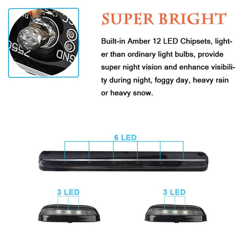 Detailed view of Smoked Lens Amber LED Cab Marker Lights 3Pc Set With 12 LEDs And Wiring Pack for Silverado Sierra installation.