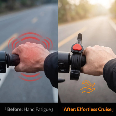 Before and after image showing Motorcycle Cruise Control Assist With Quick Release Button Anti Slip Throttle Lock benefits.