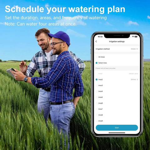 Two people using a phone app in a field with Smart Sprinkler Controller Pro Plug And Play 12 Zone Irrigation System interface displayed.