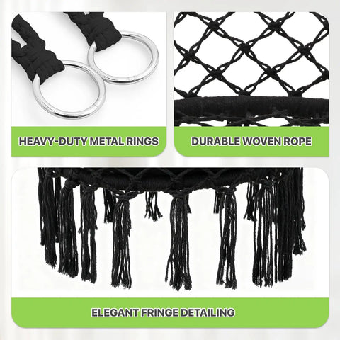 Cozy Cushion Hanging Hammock Chair With Extra Support For Indoor And Outdoor Hangout Macrame Swing Chair For Porch Or Backyard 350 Lb Capacity Black Everyday Use with fringe detailing and metal rings.