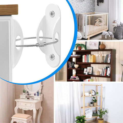 Heavy Duty Anti Tip Furniture Anchors 6 Pack Metal Wall Straps Keep Little Kids Safe And Secure Rock Solid Earthquake Fasteners mounted on furniture.