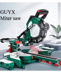 Rock Solid Sliding Miter Saw With Smooth Push Pull Glide And Laser Track On Built Tough Aluminum Base positioned for precise cuts.