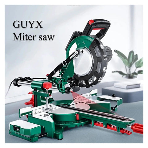 Rock Solid Sliding Miter Saw With Smooth Push Pull Glide And Laser Track On Built Tough Aluminum Base positioned for precise cuts.