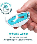 Hand holding Versa Clamp 2.0 2026 Upgrade Male Incontinence Clamp with Adjustable Pressure Knob, lightweight design, blue pads visible.