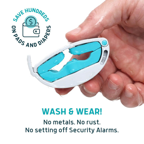 Hand holding Versa Clamp 2.0 2026 Upgrade Male Incontinence Clamp with Adjustable Pressure Knob, lightweight design, blue pads visible.