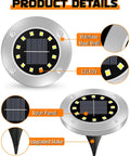 12 LED Solar Disk Lights For Outdoor Pathway And Garden Waterproof Ground Lights With A Large 4.5 By 5.1 Inch Panel details