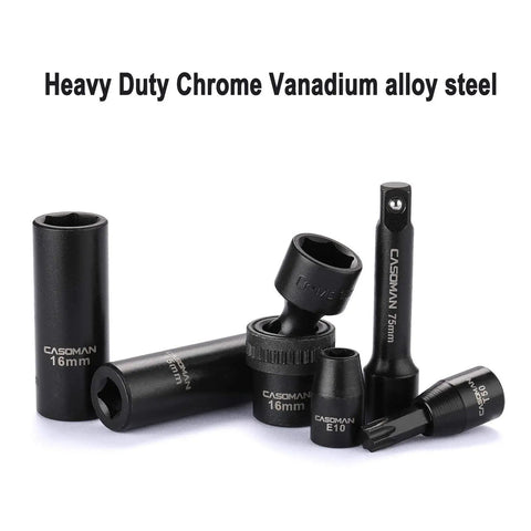 Heavy Duty Three Eighths Inch Drive Impact Socket Set For SAE And Metric in CR-MO Steel, includes deep and swivel sockets.