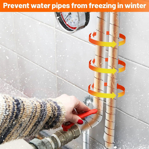 Person wrapping 32.8 Ft Pipe Insulation Tape Wrap With Aluminum Foil Self Adhesive Foam around outdoor pipe to prevent freezing