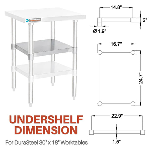 Dimensions diagram and image of Galvanized Under Shelf For 30 By 18 Inch Work Tables With Extra Adjustable Lower Shelf Fits Stainless Steel And Wooden Tables Great For Restaurant Warehouse Home Kitchen And Garage Use.