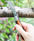 Hand holding Gardening Grafting Cutter Kit With Two Grafting Tapes For Plant Budding And Fruit Tree Pruning Pro Grade Graft Tool Stainless Steel Blade Wooden Handle Gardening Tool For Home Garden against tree branch