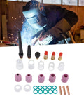 Top Tier TIG Welding Torch Consumables Kit With Gas Lens Ceramic Nozzles Copper Electrode Clips And Heat Resistant Parts For Long Lifespan Professional Jobs, assorted ceramic nozzles and connectors laid out.