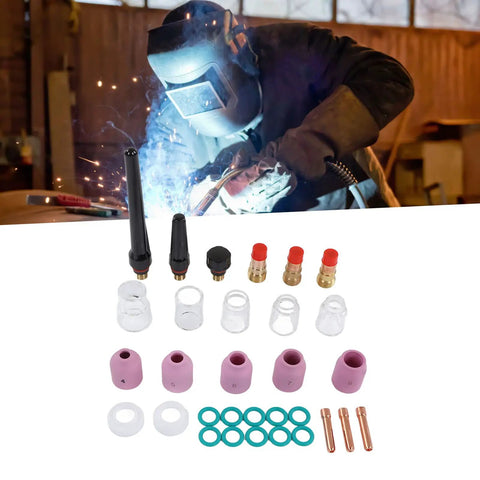 Top Tier TIG Welding Torch Consumables Kit With Gas Lens Ceramic Nozzles Copper Electrode Clips And Heat Resistant Parts For Long Lifespan Professional Jobs, assorted ceramic nozzles and connectors laid out.