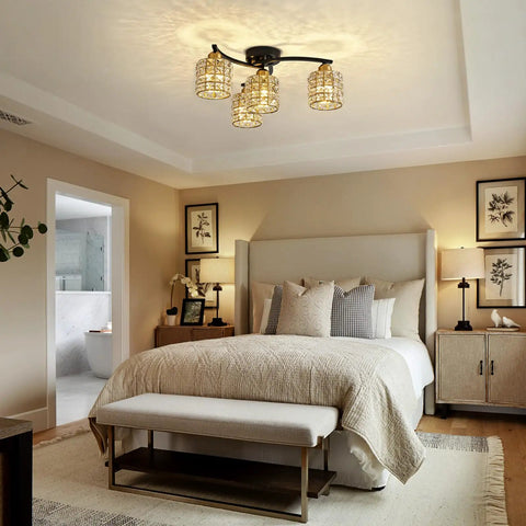 Four Light Crystal Flush Mount Ceiling Light in black and gold with crystal shades illuminating a modern farmhouse bedroom setting.