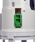 Close-up of HydroRight Water Saving Dual Flush Valve with push button showing green mechanism housing