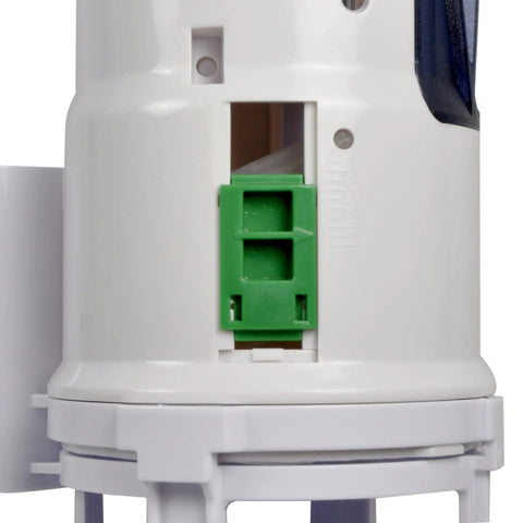 Close-up of HydroRight Water Saving Dual Flush Valve with push button showing green mechanism housing